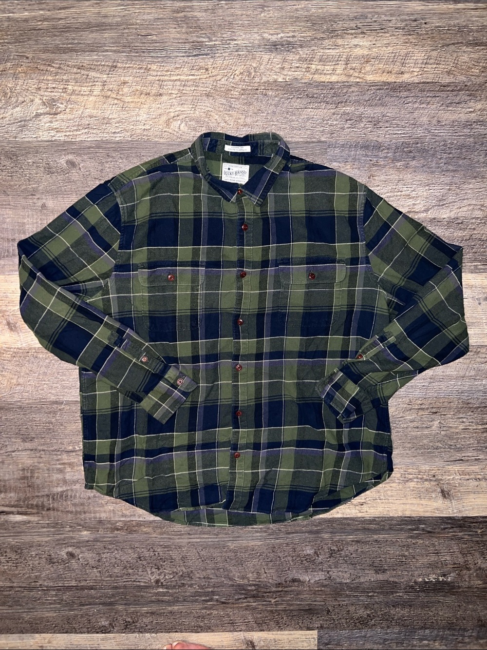 Lucky Brand Green and Navy Plaid Button-Down Shirt